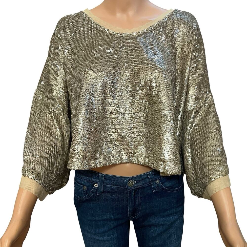 Free People Champagne Dreams Sequin Top Small Cropped Oversized Holiday Disco